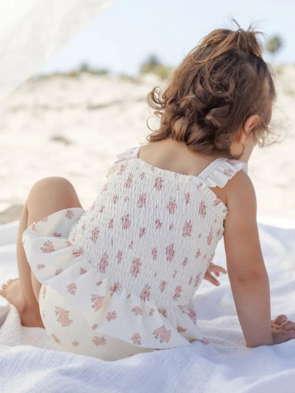 QUINCY MAE Ruffle Smocked Bodice Piqué One-Piece Swimsuit in Ivory Size 3-6 M